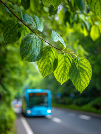 Lush, dew-kissed foliage bathed in warm sunlight emphasizes vivid green hues, while a distant blue bus moves quietly along a scenic forested route.の写真素材