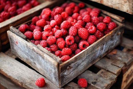 Vibrant red berries cascade in a hearty wooden container, set atop aged planks, evoking rustic charm...