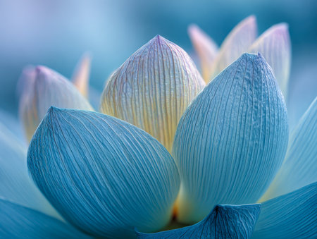 Gentle lighting accentuates the intricate surface of lotus petals, showcasing muted pastel tones that evoke calmness and effortless grace in a serene setting.の写真素材