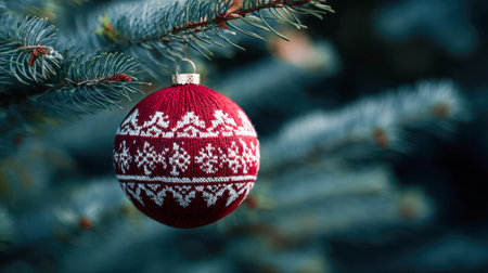 A cozy red knit bauble featuring delicate white snowflake motifs sways softly on a pine branch, evoking festive warmth amid a softly blurred holiday scene.の写真素材