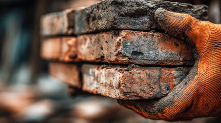 A laborer in vibrant orange gloves transports aged bricks, with soft natural sunlight highlighting the rugged textures amid a busy construction zone.の写真素材