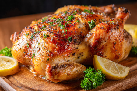 A succulent roasted chicken topped with vibrant parsley, cracked black pepper, and zesty lemon slices, all presented on a rustic wooden platter for an inviting feastの写真素材