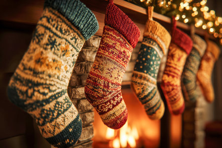 Vibrant hand-knitted stockings dangle from a festively adorned mantel, casting a warm glow over a snug fireplace in a cheerful, winter-inspired living space.の写真素材
