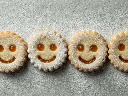 Bright, cheerful cookies with happy faces filled with jam are lined up on a sugared surface, radiating warmth and inviting joy in sweet celebration.の写真素材