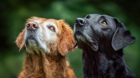 Two curious canines, a radiant golden retriever and a sleek black Labrador, watch intently skyward amid lush greenery, exuding alertness and curiosity.の写真素材