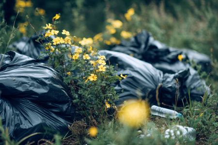 Bright yellow blossoms emerge stubbornly through urban decay, contrasting nature's resilience against the chaos of discarded waste in a muted, out-of-focus landscape.の写真素材