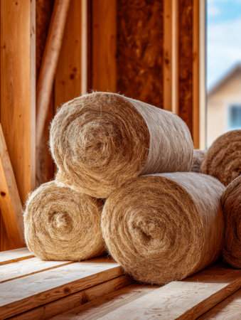 Sustainably sourced insulation rolls are arranged on timber supports within a building framework, highlighting eco-conscious building practices and renewable materiaの写真素材