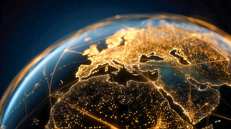 A luminous digital sphere showcases vibrant city lights and interconnected networks across Europe,...