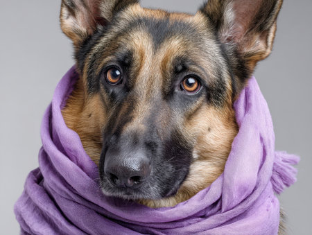A charming German shepherd gazes pensively into the horizon, snugly wrapped in a plush lavender scarf, set against a softly lit, neutral background for a warm, cozyの写真素材