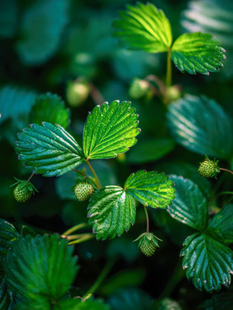Freshly sprouted strawberry leaves glisten with morning dew, basking in gentle sunlight amidst lush greenery in a vibrant garden scene.の写真素材