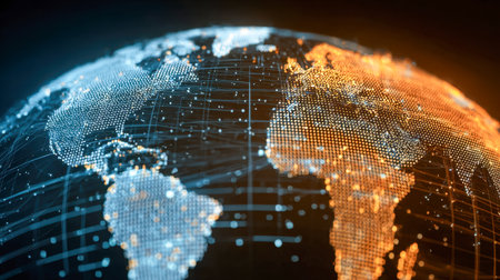 A luminous map of the world illuminated at night, depicting a web of vibrant data connections linking continents and highlighting worldwide digital communication.の写真素材