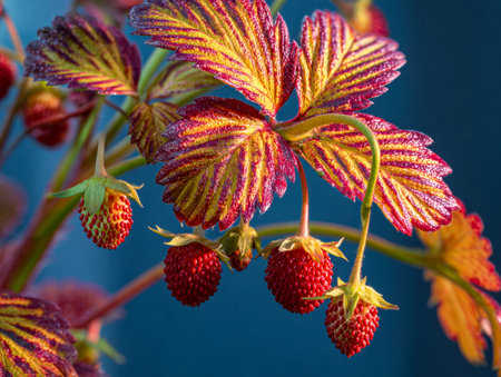 Juicy crimson berries sway amid fiery fall foliage, set against a sleek, velvety navy backdrop that highlights nature?s seasonal beauty and vibrant contrasts.の写真素材