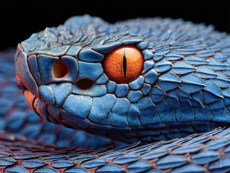 A vivid close-up revealing the intricate, jewel-toned scales and piercing orange slit eyes of a serpent, set against a deep, shadowy backdrop.の写真素材
