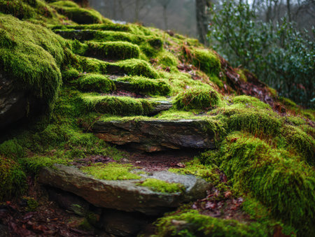 Ancient moss-adorned stones fade into a verdant woodland's embrace, where dense foliage and organic textures evoke an enchanted, mist-shrouded realm.の写真素材