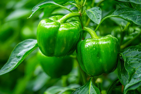 Lush green peppers dangled abundantly amid vibrant foliage, glistening with morning dew on their sleek, unblemished surfaces, all set in a thriving garden backdrop.の写真素材