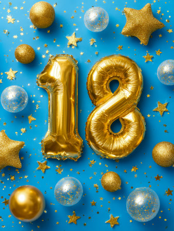 A lively display featuring a shimmering gold "18" numerals, accented by glittering blue and gold orbs and star-shaped confetti against a vivid blue backdrop, perfect forの写真素材