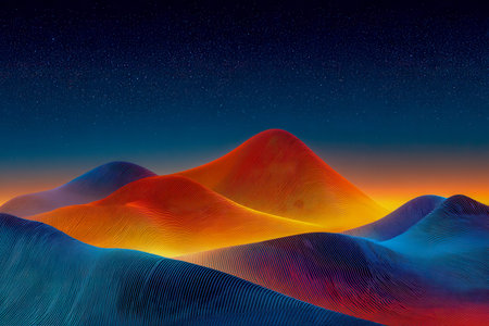A vivid digital scene with undulating terrains in fiery hues merging into tranquil blue currents beneath a gradient celestial sky filled with shimmering stars.の写真素材