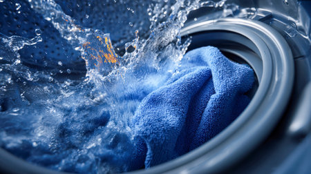 A vibrant blue towel tumbling inside a washing drum, energizing the scene with lively water splashes and captured mid-wash during a busy laundry cycleの写真素材