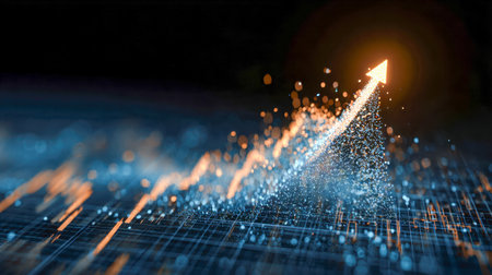 A sleek, high-tech data dashboard featuring an illuminated arrow soaring upward, symbolizing accelerated progress amidst a vibrant, digital interface.の写真素材