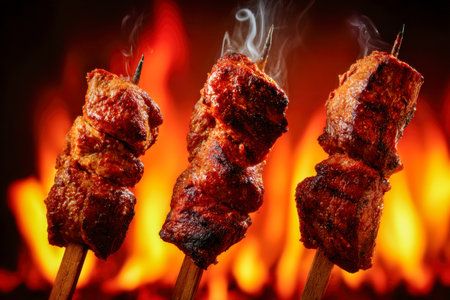 Juicy skewers with smoky charred tips are lifted against a vibrant, blazing backdrop, evoking fiery passion and irresistible barbecue delights.の写真素材
