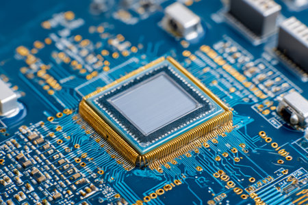 A close-up of a CPU embedded on a vivid azure circuit board, showing delicate gold and silver pathways and miniature electronic parts that highlight modern technology.の写真素材