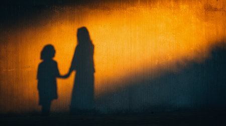A gentle scene of a woman and child united by a tender bond, their shadows softly dancing on a textured surface bathed in a golden glow, evoking comfort and serenityの写真素材