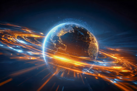 A high-tech sphere at the center emits luminous streaks of energy, illustrating seamless worldwide links and cutting-edge digital networks in a sleek, futuristic setの写真素材