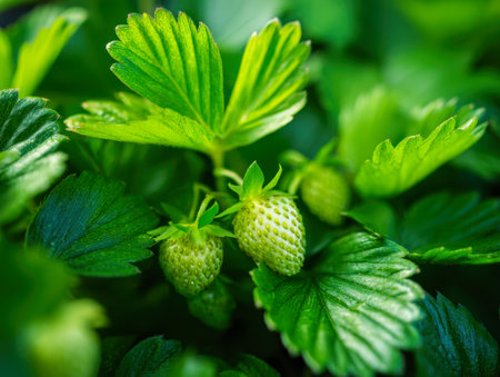 Delicate green berries nestled among lush foliage, basking in gentle daylight that enhances the garden's peaceful and invigorating ambiance.の写真素材