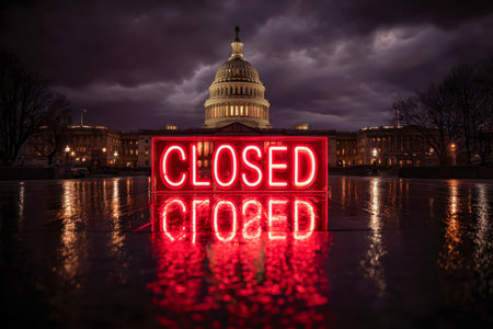 A vibrant red neon ?closed? sign casting a fiery glow over rain-slicked streets, with a historic dome silhouetted against a turbulent, cloud-filled nightの写真素材