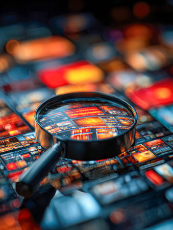 A close-up view of a magnifying glass focusing on vivid digital displays and dynamic data visuals,...