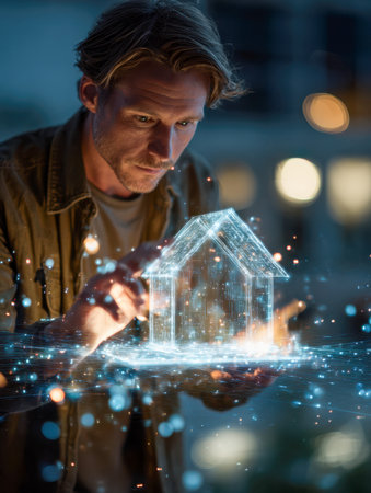 A focused individual manipulates vibrant, floating 3d projections of architectural plans in a sleek, low-light environment illuminated by radiant, neon-like accents.の写真素材