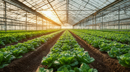 Lush, emerald vegetable beds stretch across a bright greenhouse, illuminated by soft dawn sunlight filtering through its glass ceiling, creating a fresh, hopeful atmospheの写真素材