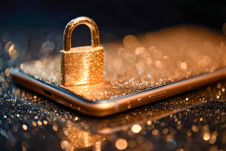 A polished gold lock gently rests atop a sleek smartphone, illuminated by vivid lighting and shimmering glitter that highlight themes of digital safeguarding and data conの写真素材