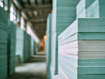 Precisely aligned blue insulation sheets fill the aisle, showcasing neat organization amid a busy storage facility with an out-of-focus backdrop of industrial shelviの写真素材