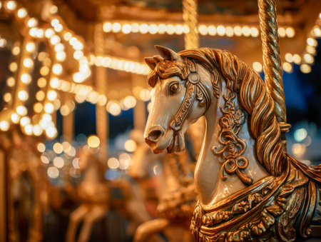 A nostalgic, handcrafted horse with shimmering gold accents stands illuminated by soft evening lights, evoking a whimsical, timeless amusement park scene.の写真素材
