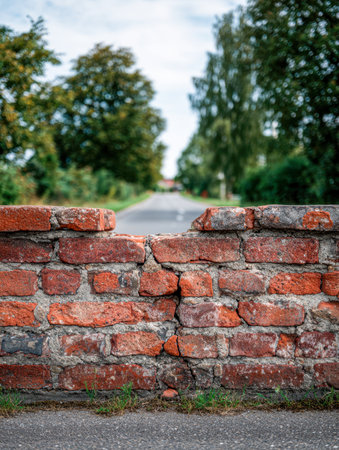 An aged brick wall with a jagged gap offers glimpses of lush foliage and a distant road, set against a gray, overcast sky in a quiet rural landscape.の写真素材