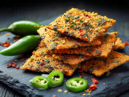 A tempting display of crunchy, flavorful crackers arranged atop a sleek slate tray, complemented by vibrant green chilies and sliced red peppers for an intense spicyの写真素材