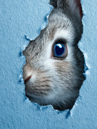 A lively hare softly presses through a jagged tear in vivid blue paper, its eye sparkle and fluffy fur capturing a whimsical moment full of charm.の写真素材