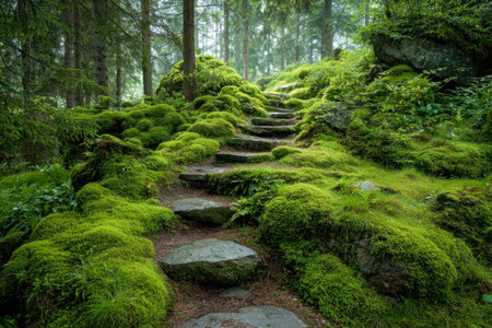 A tranquil woodland trail features aged stone stairs meandering amid vibrant moss and thick foliage,...