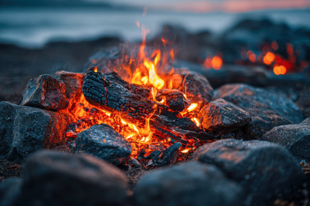 A cozy blaze flickers amid rough stones on a stony shoreline, casting a gentle amber hue as evening settles, with the ocean's soft waves and pastel sky blending in tの写真素材