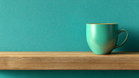 A vibrant green ceramic mug sits on a rustic wooden ledge, illuminated by gentle daylight, casting subtle shadows against an earthy turquoise backdrop.の写真素材