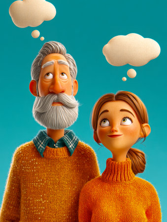 An elderly man with a flowing white beard and a young woman in cozy sweaters gaze upward, pondering blank speech bubbles against a vibrant blue backdrop.の写真素材