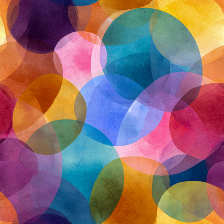 A lively blend of overlapping, semi-transparent circles in bold hues, forming an energetic and artistic backdrop filled with color harmony and movement.の写真素材