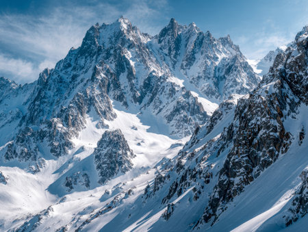 Towering and jagged peaks blanketed in glistening snow stretch under a vivid azure sky, creating a stunning, untouched winter wilderness scene.の写真素材