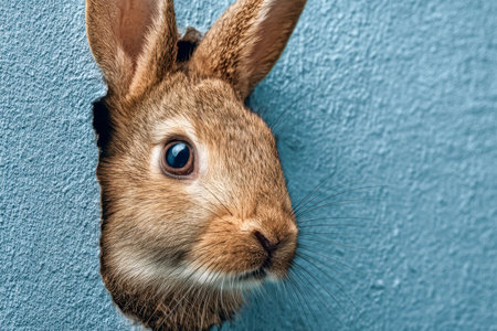 A charming brown rabbit with perky ears and sparkling eyes peers through a jagged tear in a textured blue surface, adding a touch of wonder to a whimsical setting.の写真素材