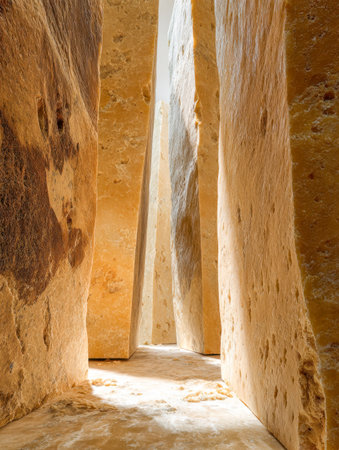 Sunlit amber-hued stones forming a tranquil corridor, their textured surfaces and earthy shades evoking calmness and natural harmony in a peaceful setting.の写真素材