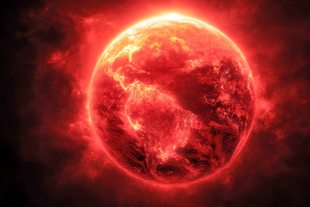A blazing celestial sphere radiates crimson flames, with illuminated landmasses against a shadowy cosmic backdrop, evoking a sense of fiery chaos and cosmic pressureの写真素材