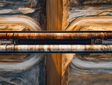 Overhead shot captures weathered, corroded pipelines spanning a dusty pathway amid dry, rugged landscape illuminated by warm sunset hues and drifting dust clouds.の写真素材