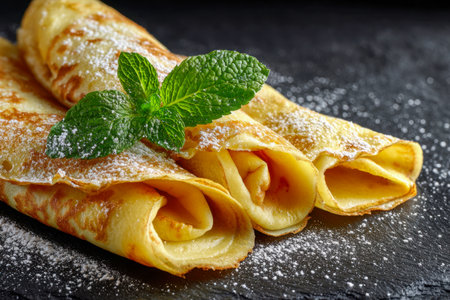 Thin, golden-brown crepes elegantly rolled and sprinkled with snowy powdered sugar, accented with vibrant mint leaves, set against a rich, textured dark background for anの写真素材
