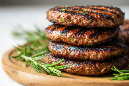 Succulent beef patties infused with herbs, expertly grilled to perfection, and artfully arranged on a rustic wooden platter, inviting a hearty outdoor feast.の写真素材
